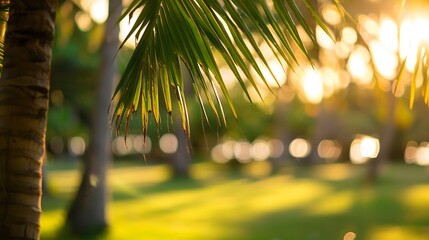 Blur nature bokeh green park by beach and tropical coconut trees in sunset time : Generative AI