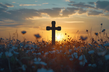 Silhouette Christian cross on grass in sunrise