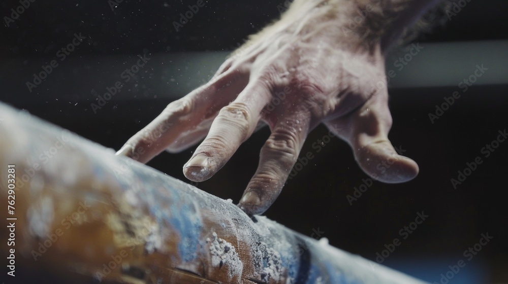 Poster the sharp angles and intense pressure on a gymnasts hand as they masterfully twist through a pommel 