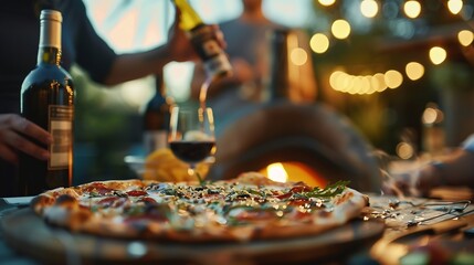 Friends in the backyard are cooking pizza in a woodburning oven A party with wine and pizza Front view Blurred background : Generative AI