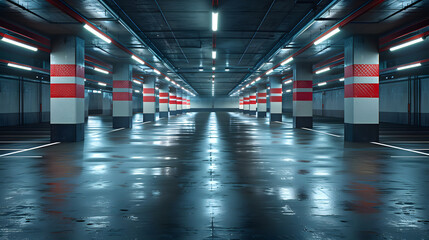 An empty parking garage with wet floors and white columns.