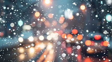 Blurred background City view lights falling snow night street bokeh spots of headlights of moving...