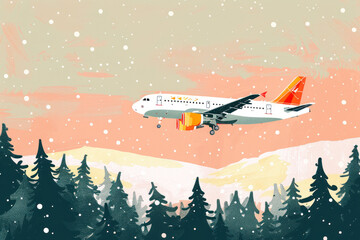 Illustration of a plane flying over a snow-covered forest with falling snowflakes against a pastel sky