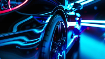 Gordijnen blue car lights at night long exposure : Generative AI © Generative AI