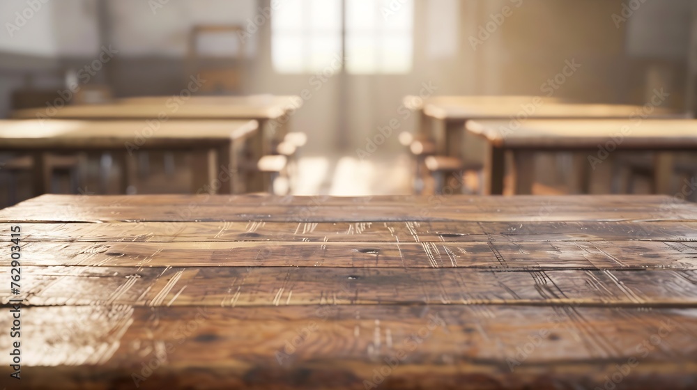 Aufkleber Rustic wooden table in a classroom setting perfect for displaying educational products or designs Tabletop view on blurred background with empty tables and atmospheric light Flawless : Generative AI