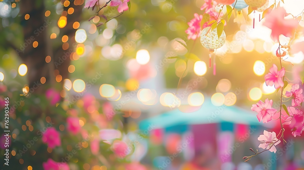 Poster abstract blur image of  day festival  in garden with bokeh for background usage  vintage tone : Generative AI