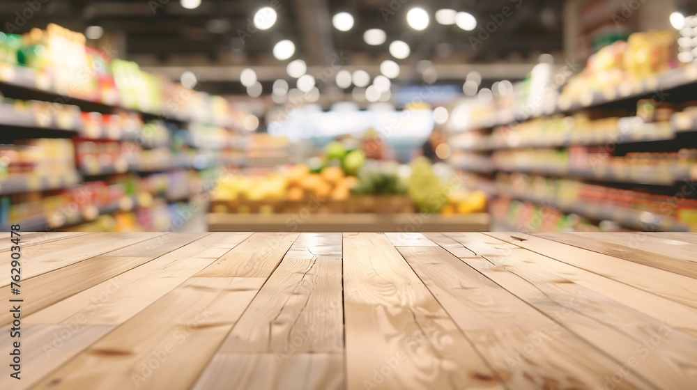 Poster Tabletop view on modern product display in grocery or department store with wooden table and blurred backdrop for advertising and promotion on table showcase Flawless : Generative AI