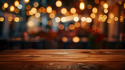 Image of wooden table in front of abstract blurred restaurant lights background : Generative AI - obrazy, fototapety, plakaty