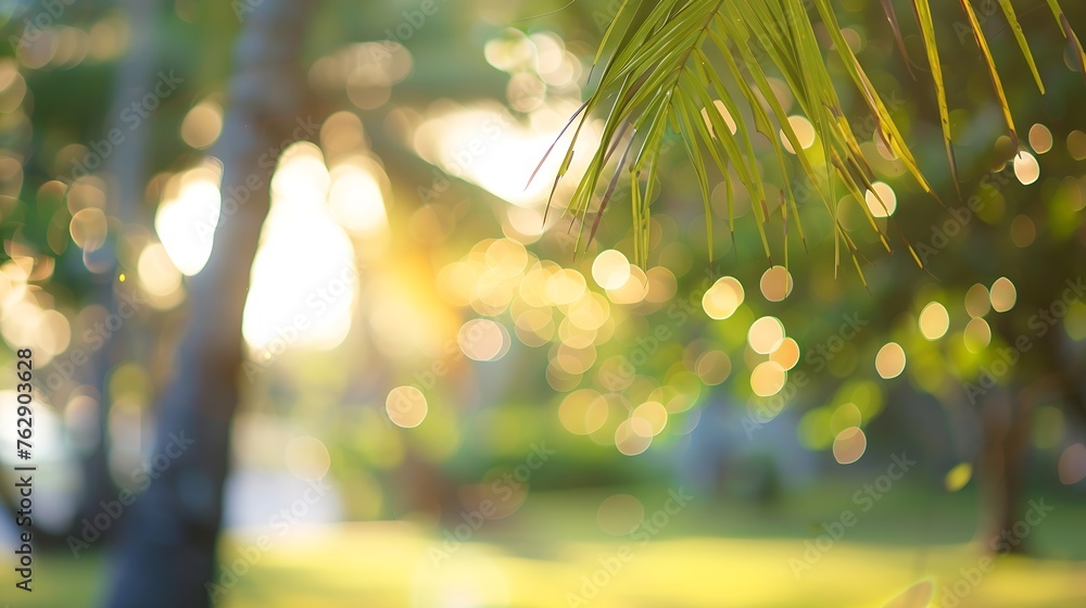 Aufkleber blur nature bokeh green park by beach and tropical coconut trees in sunset time : generative ai