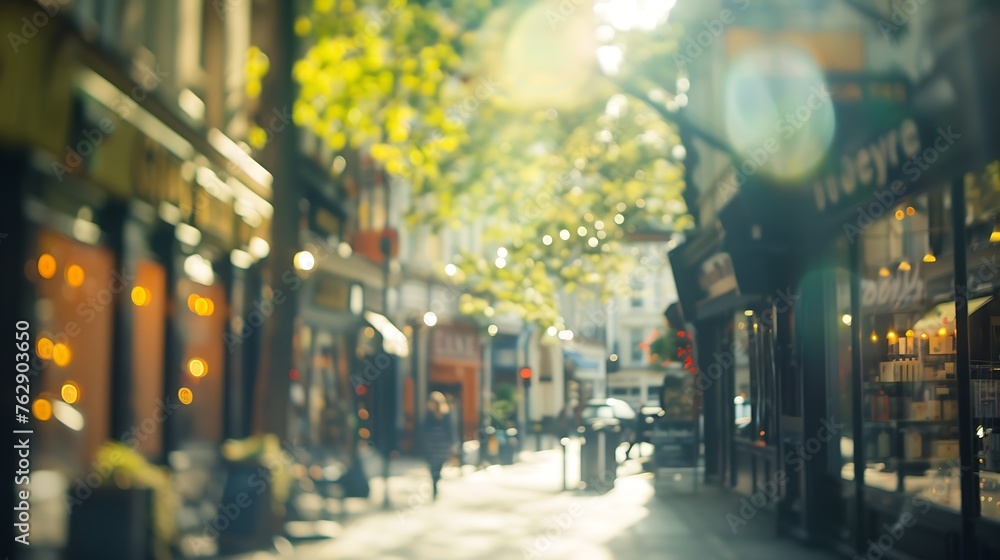 Poster Blurred view of London street with shops trees and buildings Can be used as background : Generative AI