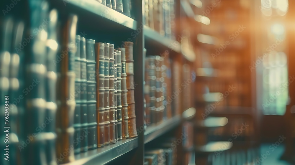 Poster blurred image for background of many books on bookshelf in library : generative ai