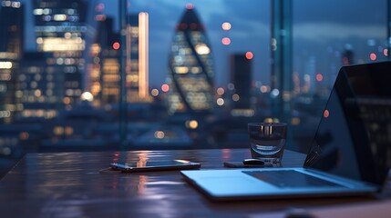 Office workplace with laptop and smart phone on wood table and london city blurred background :...