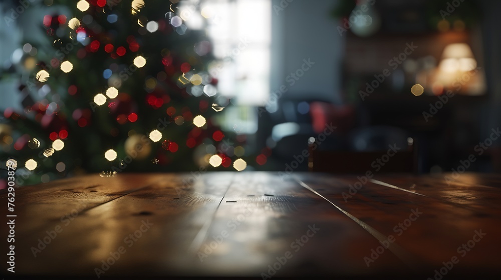 Aufkleber Empty table in front of christmas tree with decoration background : Generative AI