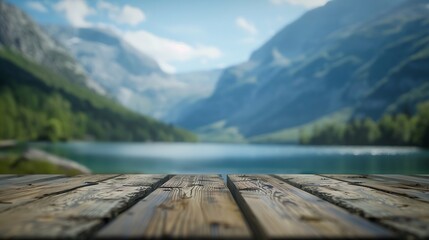 The empty wooden table top with blur background of summer lakes mountain Exuberant image : Generative AI
