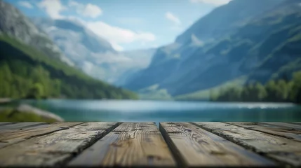 Foto auf Alu-Dibond The empty wooden table top with blur background of summer lakes mountain Exuberant image : Generative AI © Generative AI