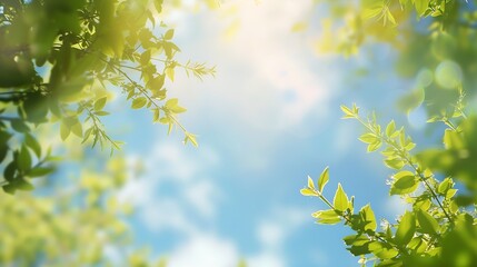 Beautiful blurred background image of spring nature with surrounded by trees against a blue sky with clouds on a bright sunny day : Generative AI