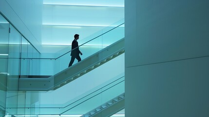 Single business man walking up stairs in office building : Generative AI