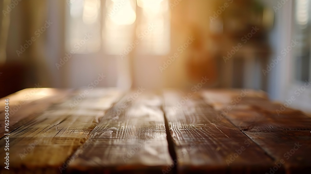 Poster The empty wooden brown table top with blur background of home room in winter Exuberant image : Generative AI