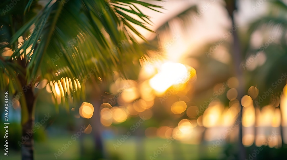 Poster blur nature bokeh green park by beach and tropical coconut trees in sunset time : generative ai