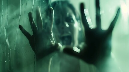 Screaming ghost faces and hands Blurry hand and body figure Horror person Horror ghost screaming behind the glass Halloween background Shadowy figure hands behind glass Horror backgrou : Generative AI