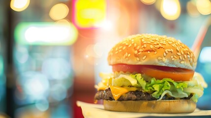 Fast food restaurant burger shop store interior abstract blur background : Generative AI