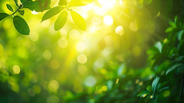 Blur image of Sun rays shines through forest treesnature of green leaf in garden at summersunlight spring summer concept nature background : Generative AI