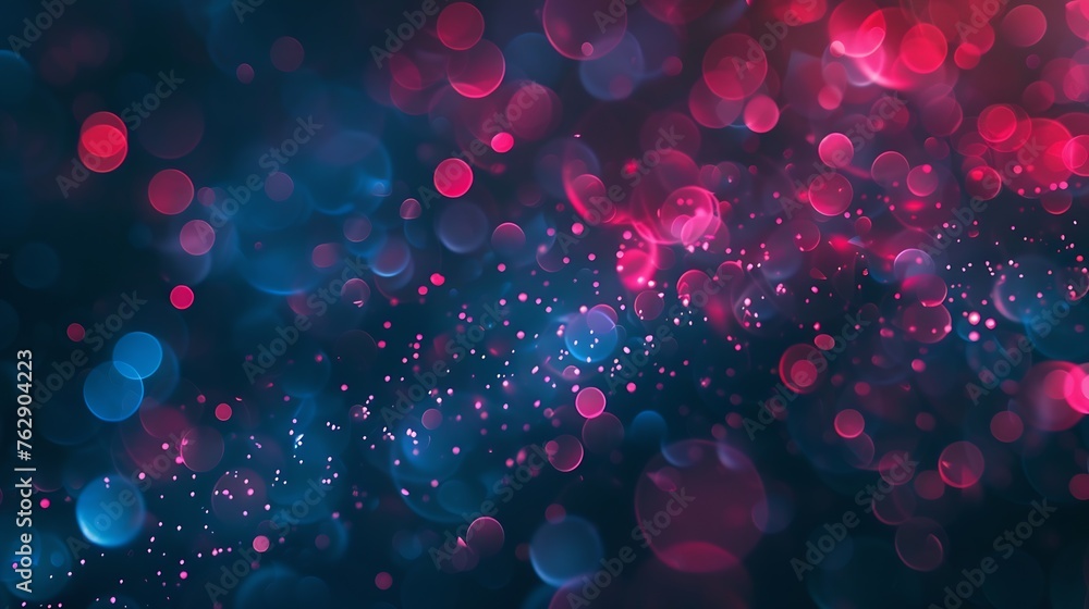 Poster Color bokeh light Defocused glow overlay Blur pink blue red neon glow flecks soft texture on dark black abstract background with free space : Generative AI
