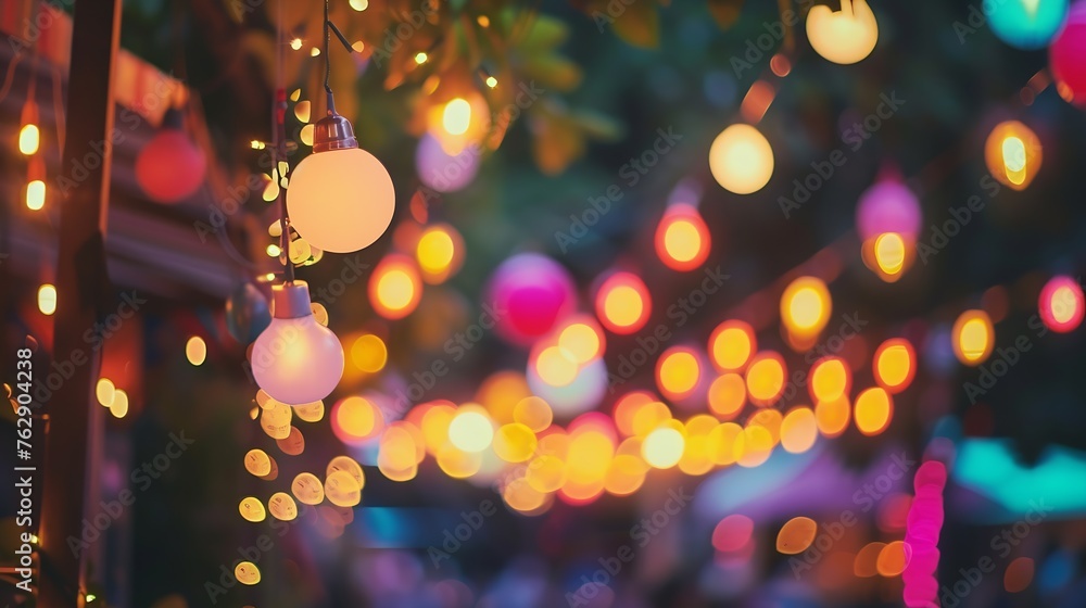 Poster Abstract Blurred image of Night  Festival in garden with bokeh for background usage vintage tone : Generative AI