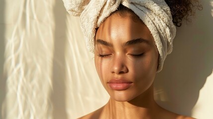 Fototapeta premium Daily skincare routine, woman with closed eyes, towel headband