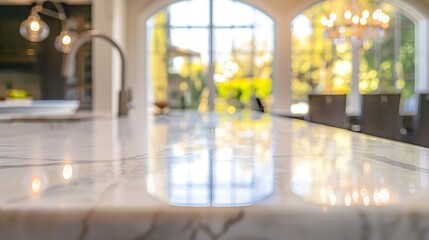Close up photo of contemporary kitchen island with marble table top with kitchen blurry loose focal of a giant arch windows background : Generative AI