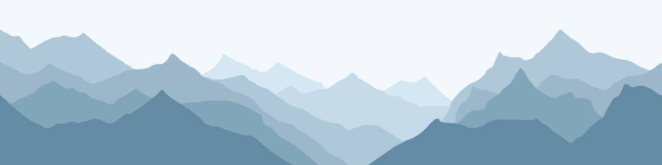 Vector illustration of mountains, ridge in the morning haze, panoramic view	 - obrazy, fototapety, plakaty