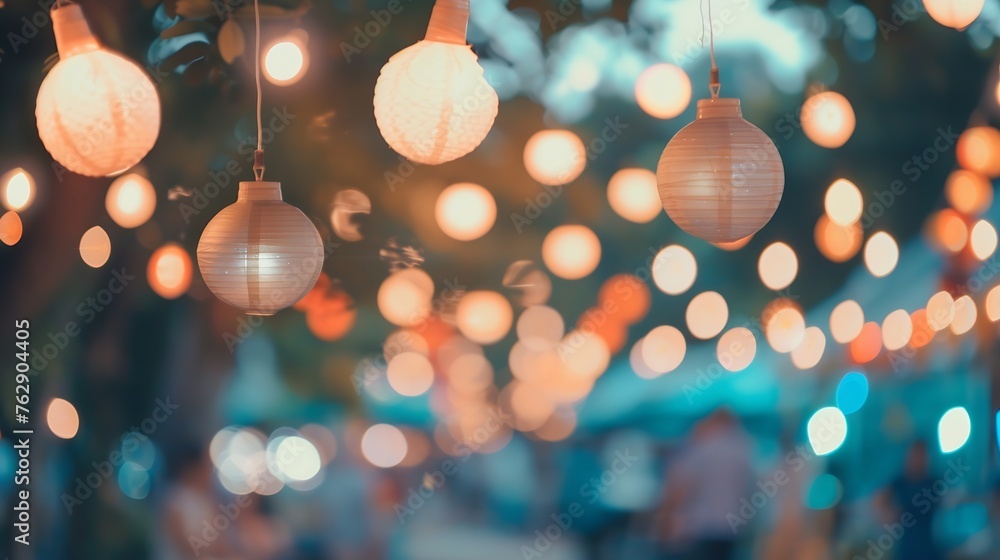 Poster vintage tone blur image of night festival in garden with bokeh for background usage : Generative AI