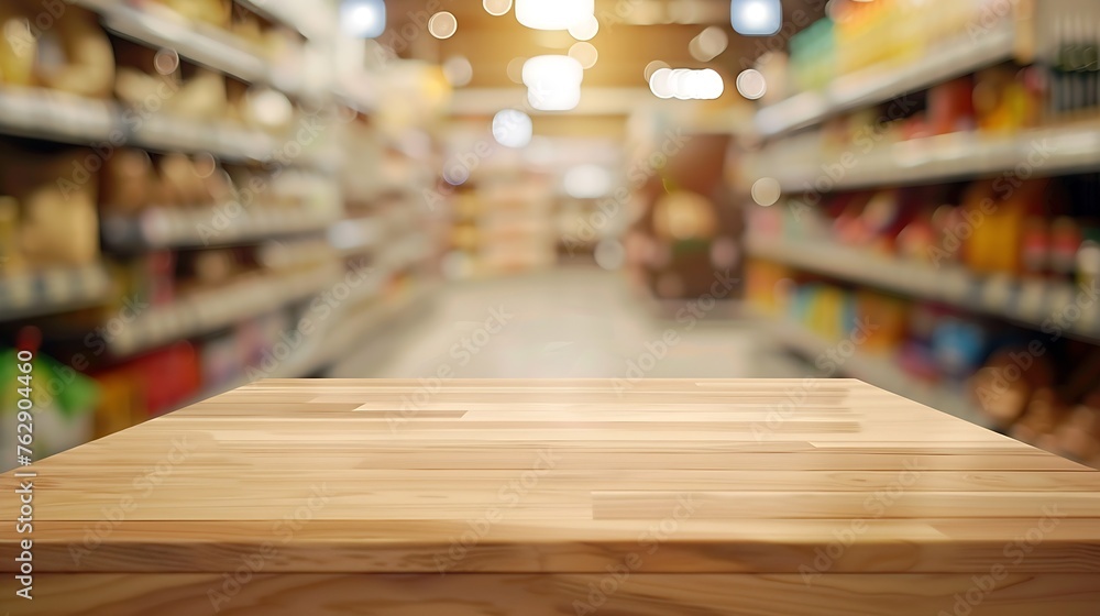 Aufkleber tabletop view on modern product display in grocery or department store with wooden table and blurred