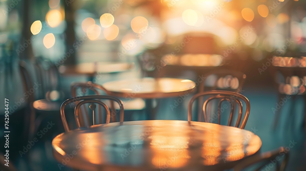Poster Blurred bokeh of the dining tables and chairs in vintage style image : Generative AI