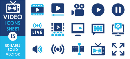 Video icon set. Containing camera, play, pause, media, online video, live and so on. Flat icons set related to video.