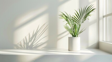 Background White Shadow Light Plant Room 3d Counter Display Sunlight Sun on Kitchen Bar Wall Podium Product Bg Elegant Abstract Mockup Space Backdrop Platform Gray Workspace Grey Empty : Generative AI