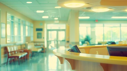 Medical blur background patient service counter hospital lobby cashier and pharmacy dispensary counter blurry interior inside waiting hall area : Generative AI