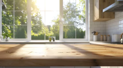 Foto op Canvas empty wood table with blurred modern interior kitchen window with sunny mood : Generative AI © Generative AI