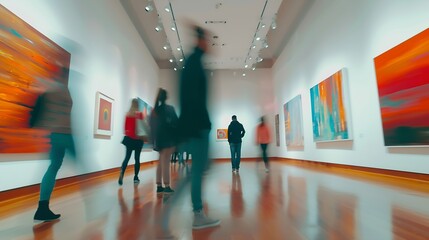 Blurred motion of people visiting art gallery they walking along the hall among paintings on the wall : Generative AI
