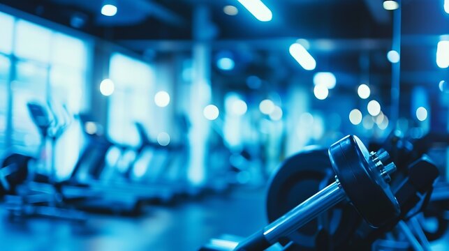 blurred gym background for presentation banners That has exercise equipment Many and many kinds There is a modern interior that uses beautiful blue light : Generative AI