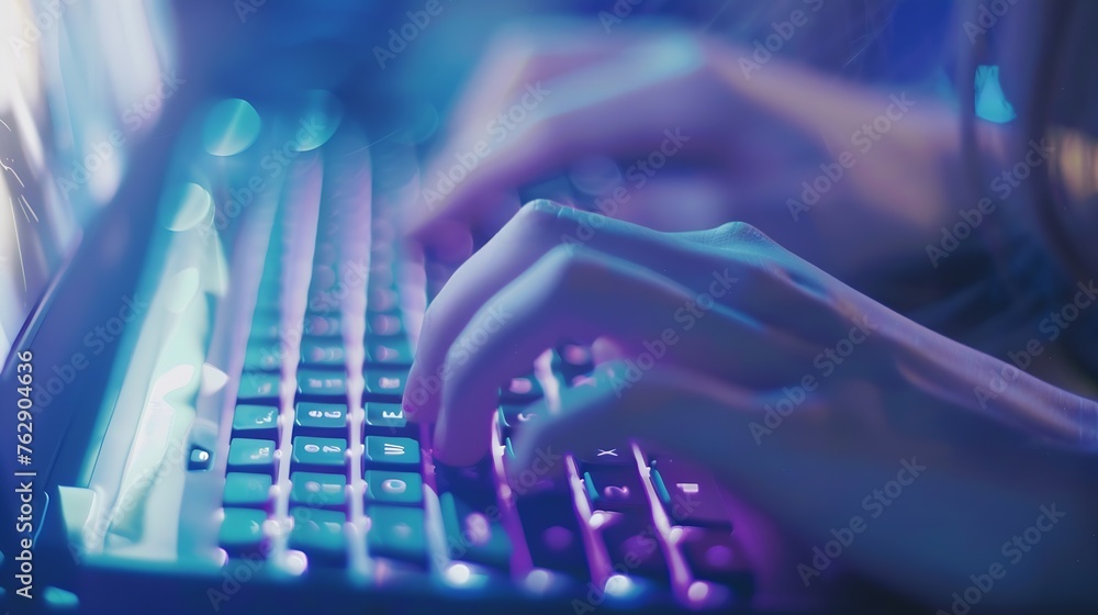Aufkleber blurred female hands typing on keyboard laptop computer business education and programming concept :