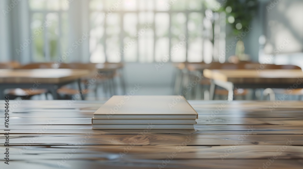 Poster cropped shot of wooden table with books stationery and copy space in blurred study roomempty classro