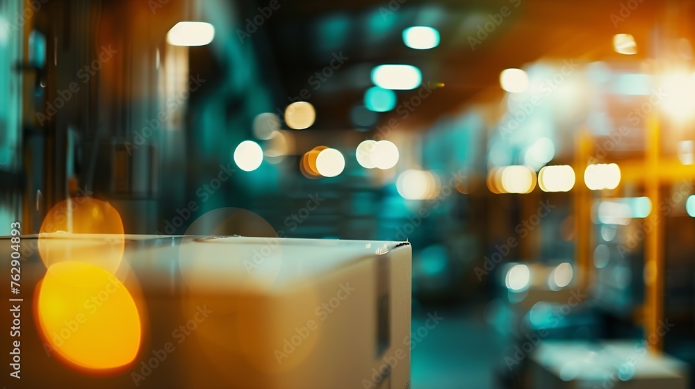 Poster Blur warehouse background Blurred store factory industry warehouse space and hardware box for delivery with bokeh light background business logistic distribution storage cargo concept : Generative AI