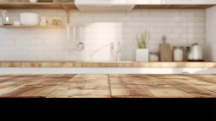 Wood table top on blur kitchen room background For montage product display or design key visual layout : Generative AI