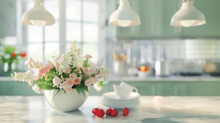 Fototapeta na wymiar Clean and empty marble countertop green vintage kitchen furniture with lots of flowers and bowl of strawberries pair of white hanging pendant lights various crockery in blurred backgro : Generative AI