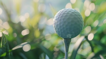 Closeup golf ball on tee with blur green bokeh background : Generative AI - obrazy, fototapety, plakaty