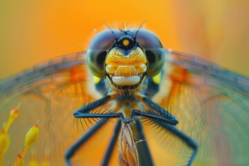 A close-up of a dragonfly perched on a reed, focusing on its compound eyes,
