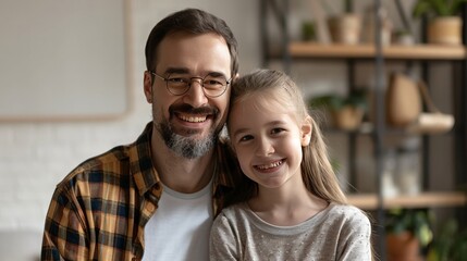 Fototapeta premium Happy handsome dad and cheerful tween kid girl looking at camera with toothy smiles, posing for home headshot portrait. Positive father piggibacking cute daughter head shot