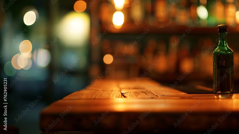 Poster wooden bar counter with blurred background and bottle restaurant bar or cafeteria background : gener