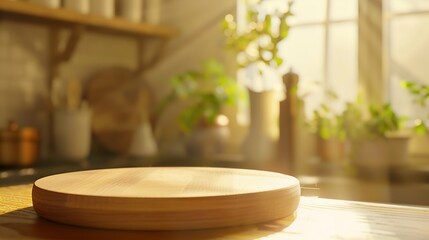 Fototapeta premium Wooden pedestal on table in kitchen interior and free space for your decoration : Generative AI